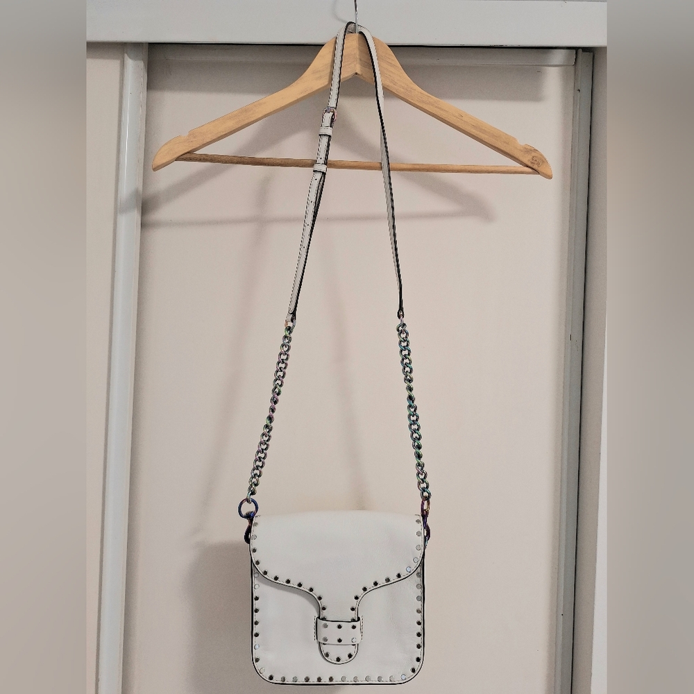 White Stud-Trim Crossbody Bag with Iridescent Chain Strap